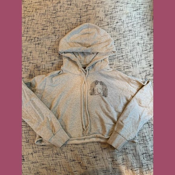 AllSaints cropped leopard hoodie in light heathered grey, size medium - Picture 1 of 4